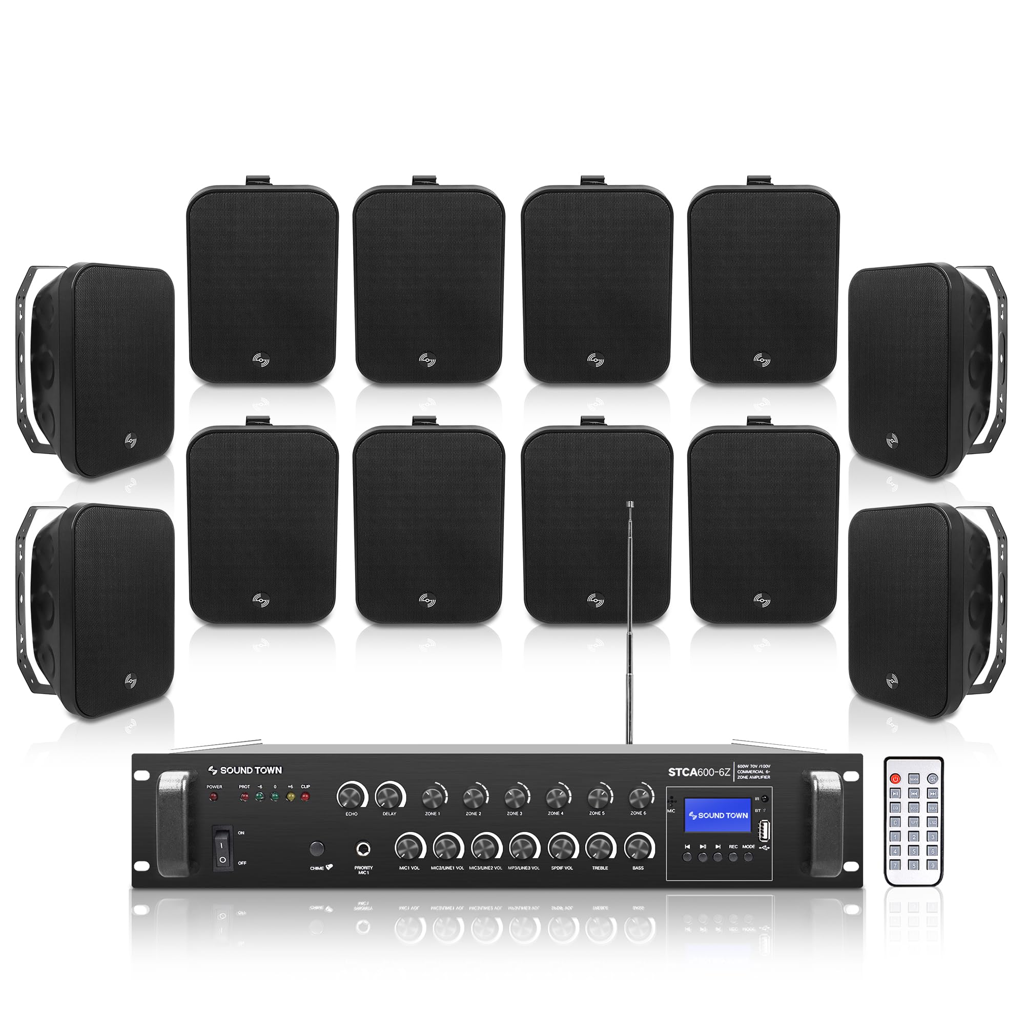 Sound Town Commercial Restaurant Bluetooth Amplifier + Surface-Mount Speaker Set, with One 6-Zone 70V/100V Amplifier with Bluetooth, 12 x 6.5-Inch Surface-Mount Speakers, Black (STCA600X12MS6B)
