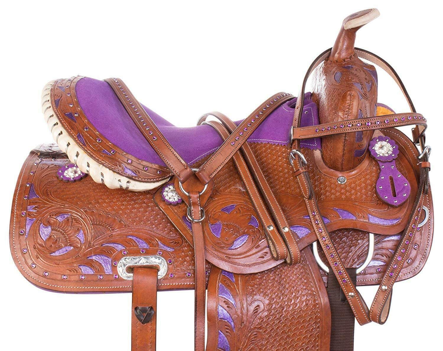 Sella per cavalli western viola, da corsa, in pelle bovina di alta qualità, set di sella per cavalli