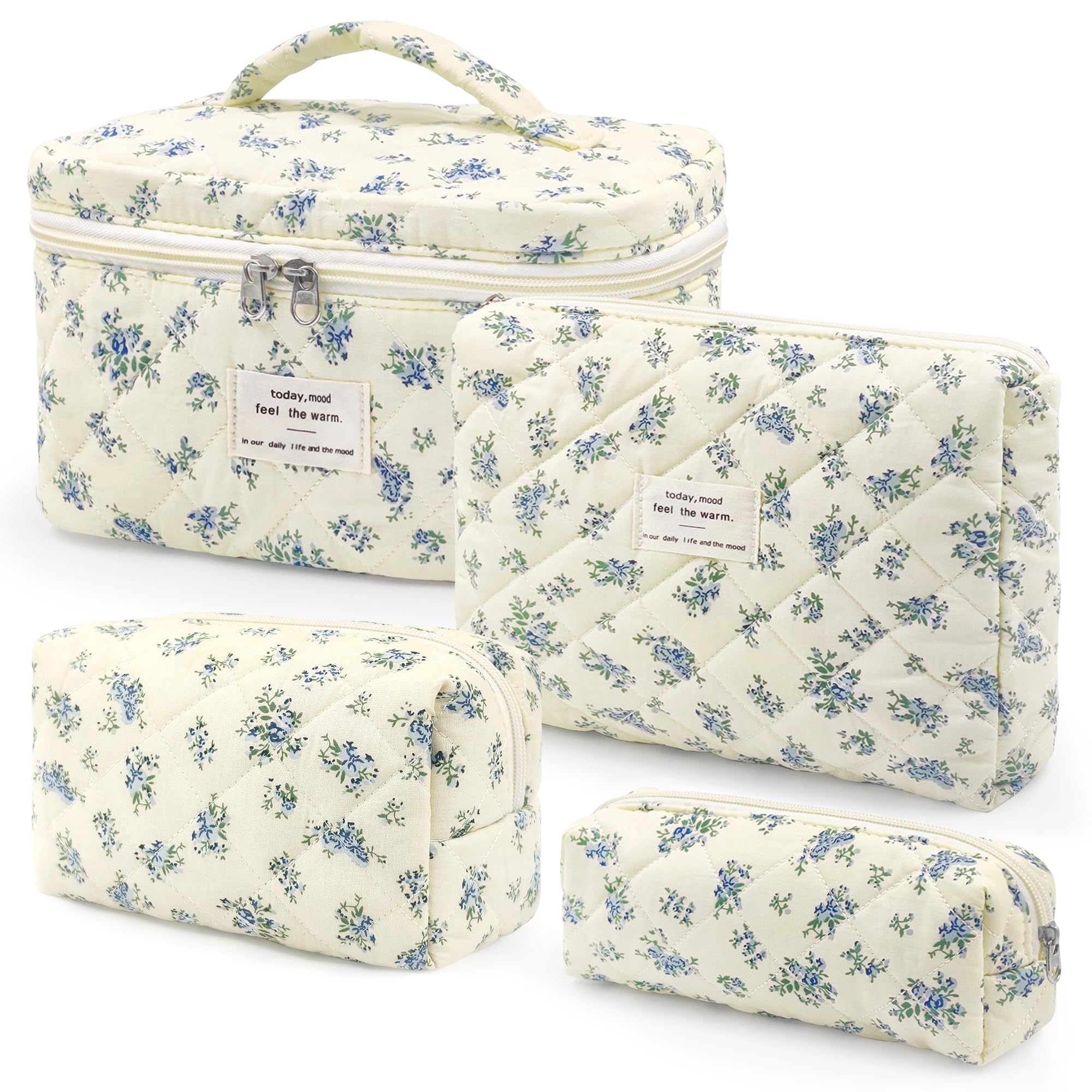 beifon 4er Set Kosmetiktasche Kulturtasche Damen mit Blumenmuster, Kulturbeutel Make Up Tasche, Tragbare Schminktasche Makeup Bag Waschtasche Groß Frauen Mädchen