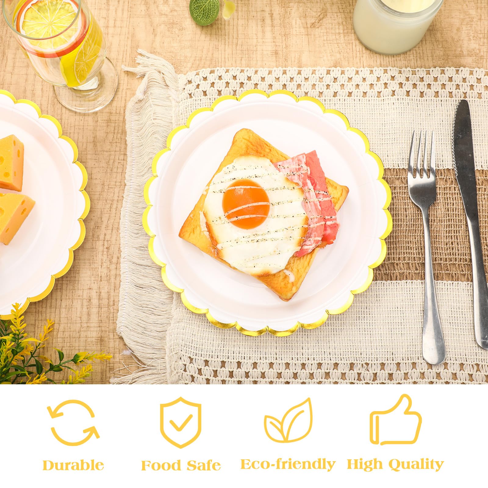 Maxcheck 50 Stück weiße gewellte Pappteller mit Goldfolie, 22,9 cm, Einweg-Pappteller für Kuchen, Dessert, Geburtstag, Babyparty, Hochzeit, Teeparty, Zubehör