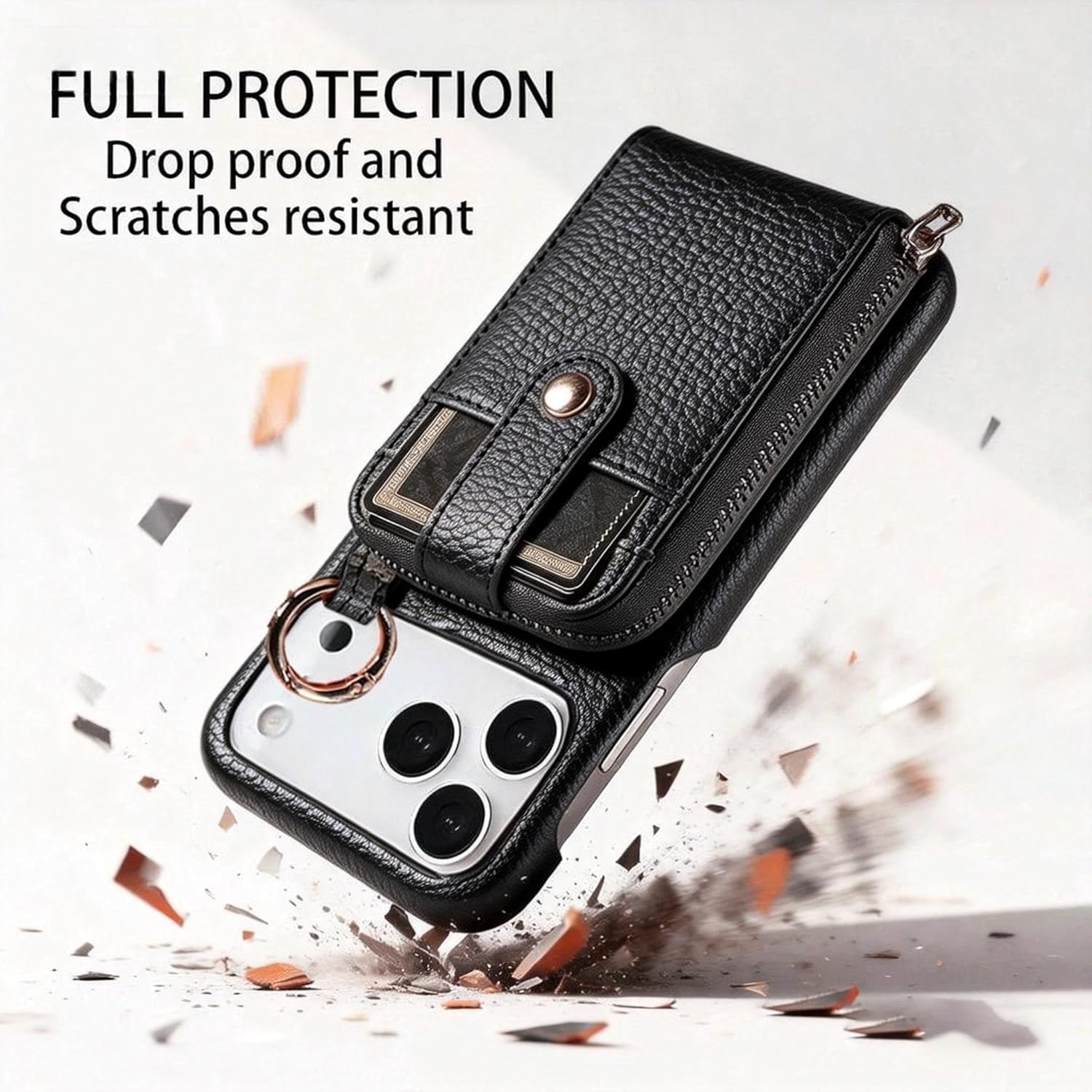 Wallet Case Compatible for iPhone 17 Pro Max Crossbody with Strap/Lanyard (Detachable), Leather Zipper Phone Purse with Card Slots Holder, Drop Protection – Stylish Gift for Women, Black