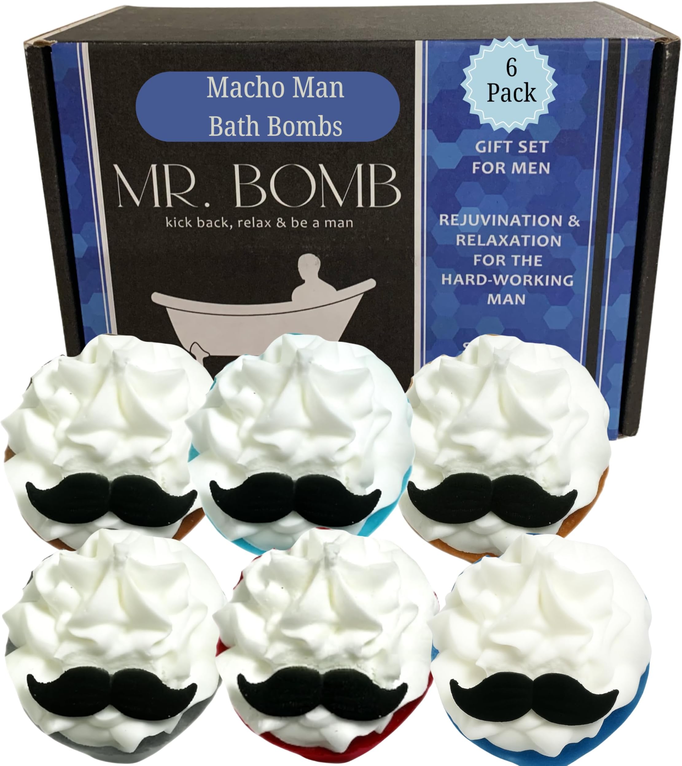 Mr. Bomb Mustache Dude Bath Bombs for Men for Guy Relaxation, Gift for Him, Manly Bath Soak, Masculine Scents for Men, Relaxing Bliss for The Gents, USA Crafted 6 Pk Macho Man Mustache