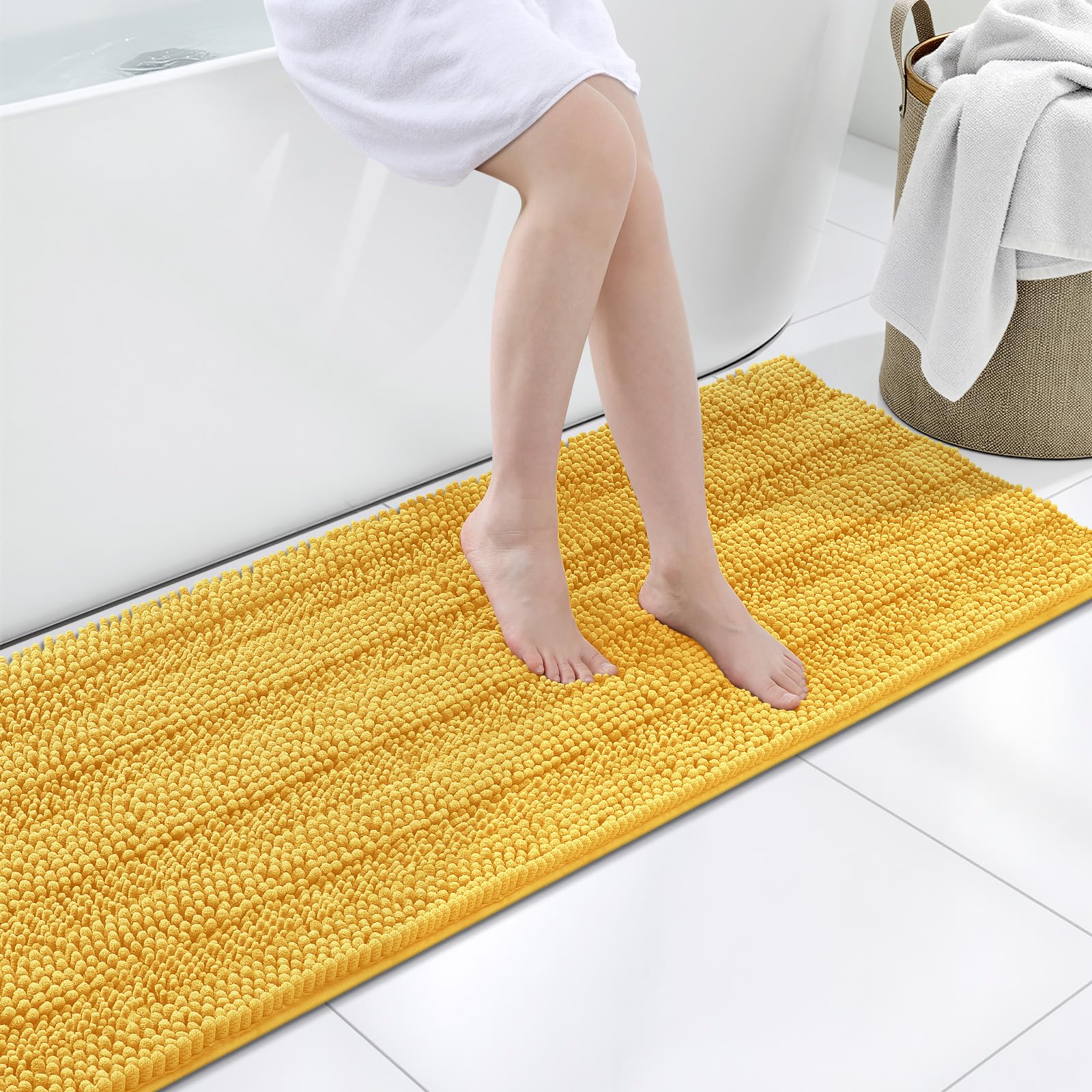 Grandaily Chenille Bathroom Rugs 47x20, Soft Bath Mats, Light Yellow