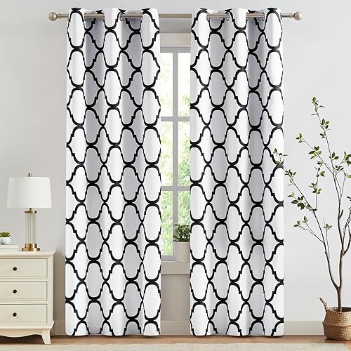 Melodieux Cortinas opacas con ojales para oscurecer la habitación, con estampado marroquí, para sala de estar, dormitorio, 42 x 96 pulgadas, blanco