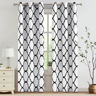 Melodieux Moroccan Printed Room Darkening Blackout Grommet Curtains for Bedroom Living Room, 42 by 72 Inch, Off White/Black (2 Panels)