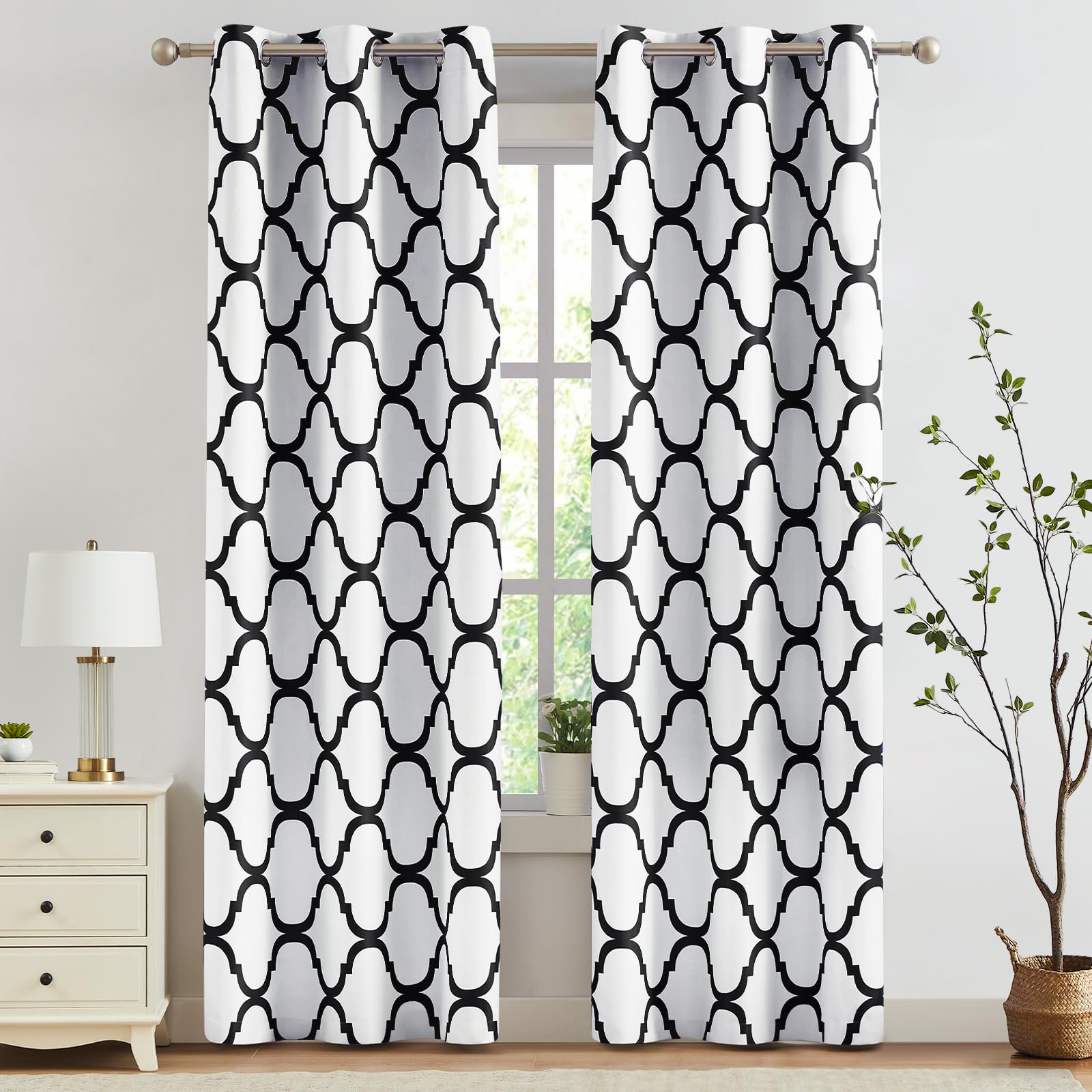 Melodieux Moroccan Printed Room Darkening Blackout Grommet Curtains for Living Room Bedroom, 42 by 84 Inch, Off White/Black (2 Panels) โ image 1