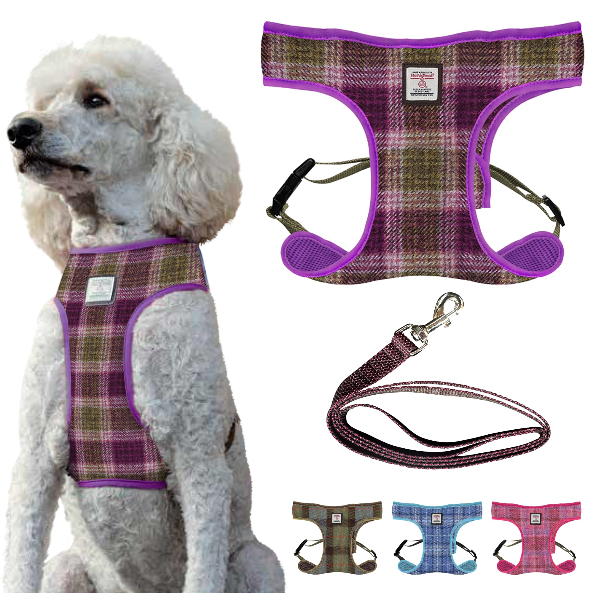 Harris Tweed Tartan Dog Harness and Lead Set - Adjustable Wool Harness with Heavy Duty 1.5M Lead - Large size - Breathable & Stylish Pet Accessory - Purple check