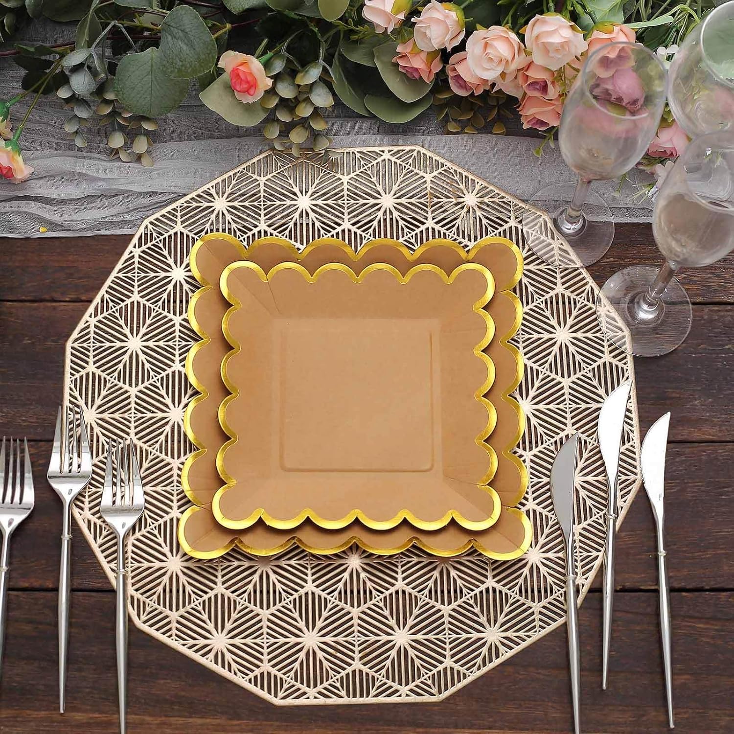 Efavormart 25 Pack 9 Inch Square Paper Dinner Plates, Natural Kraft with Gold Scalloped Rim - Fancy Rustic Disposable Tableware for Barn Wedding, Holiday