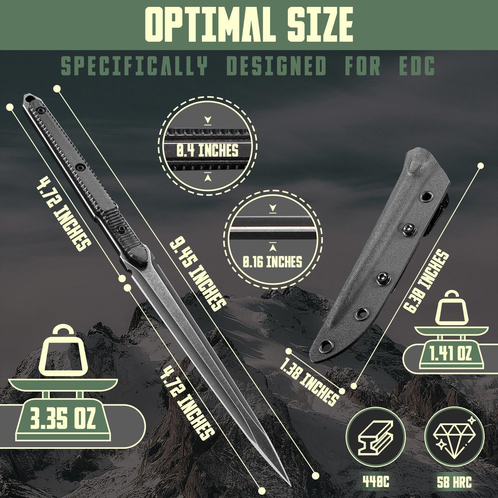 Freelander Outdoor Messer Feststehende Klinge mit Kydex Scheide, Survival Messer aus 440C Stahl, Full Tang Bushcraft Outdoormesser für Camping, Geschenk für Männer