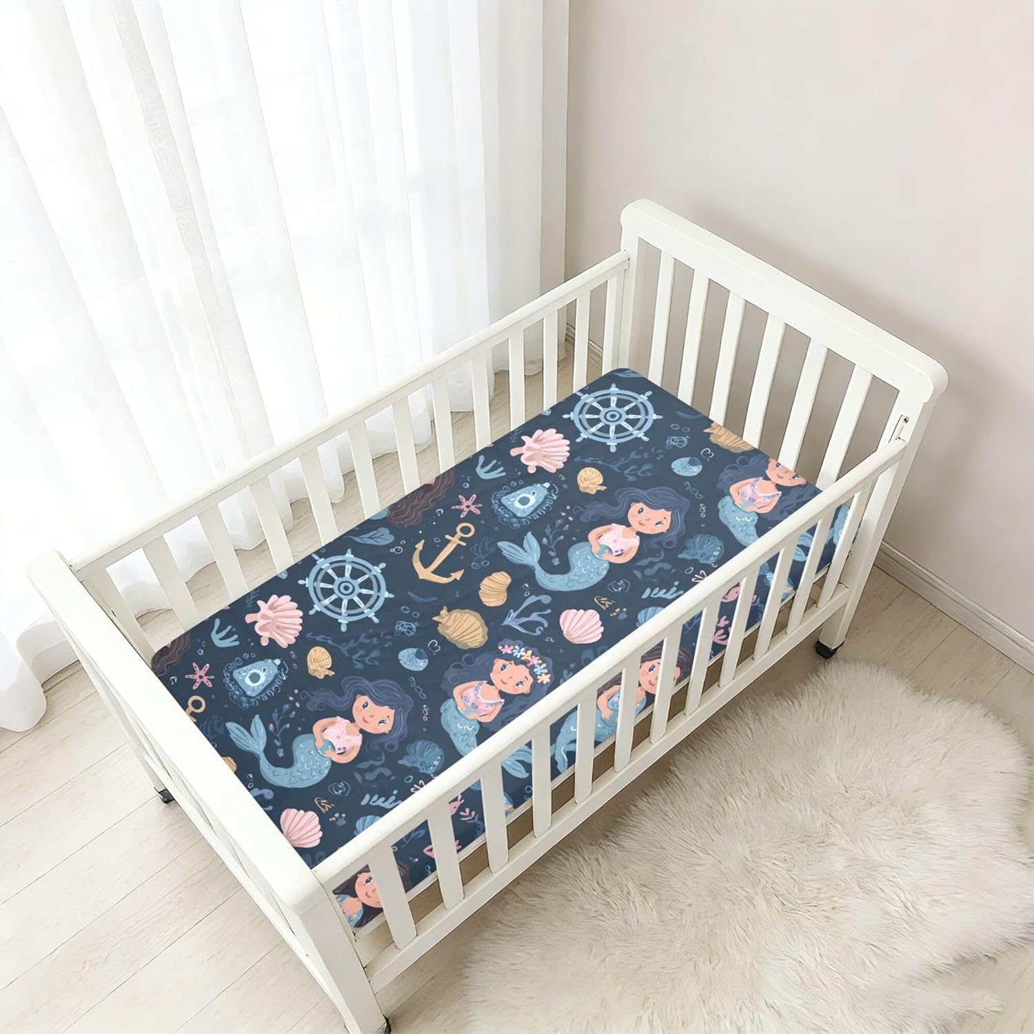 Cartoon Cute Mermaids Crib Sheets Soft Breathable Fitted Cotton Baby Crib Sheets Mattress Cover for Girl Boy, 52" x 28" x 9"