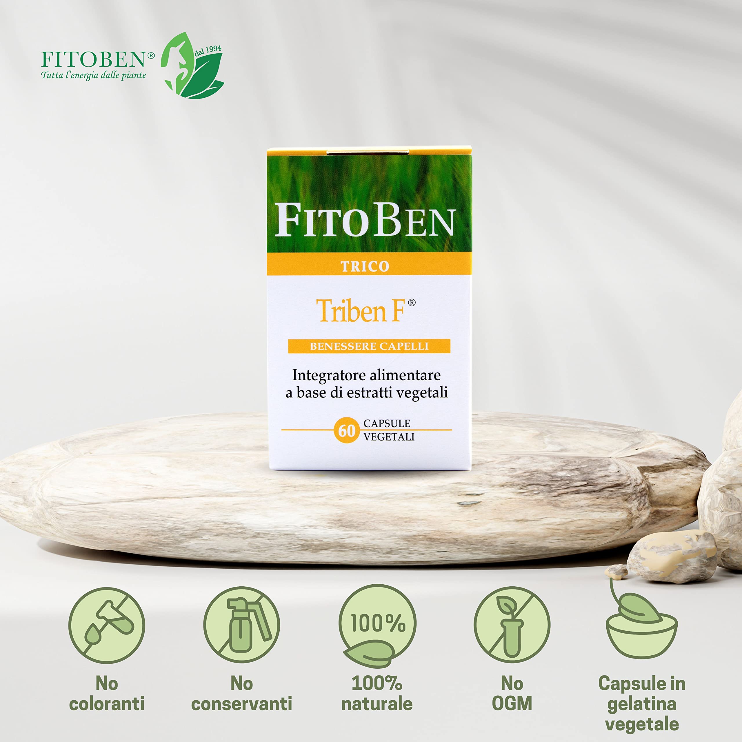 Fitoben | Triben F® Integratore Naturale per Donna in Menopausa, Contrasta la Perdita dei Capelli, con Miglio, Serenoa, Mela Annurca e Soia, 60 Capsule Vegetali