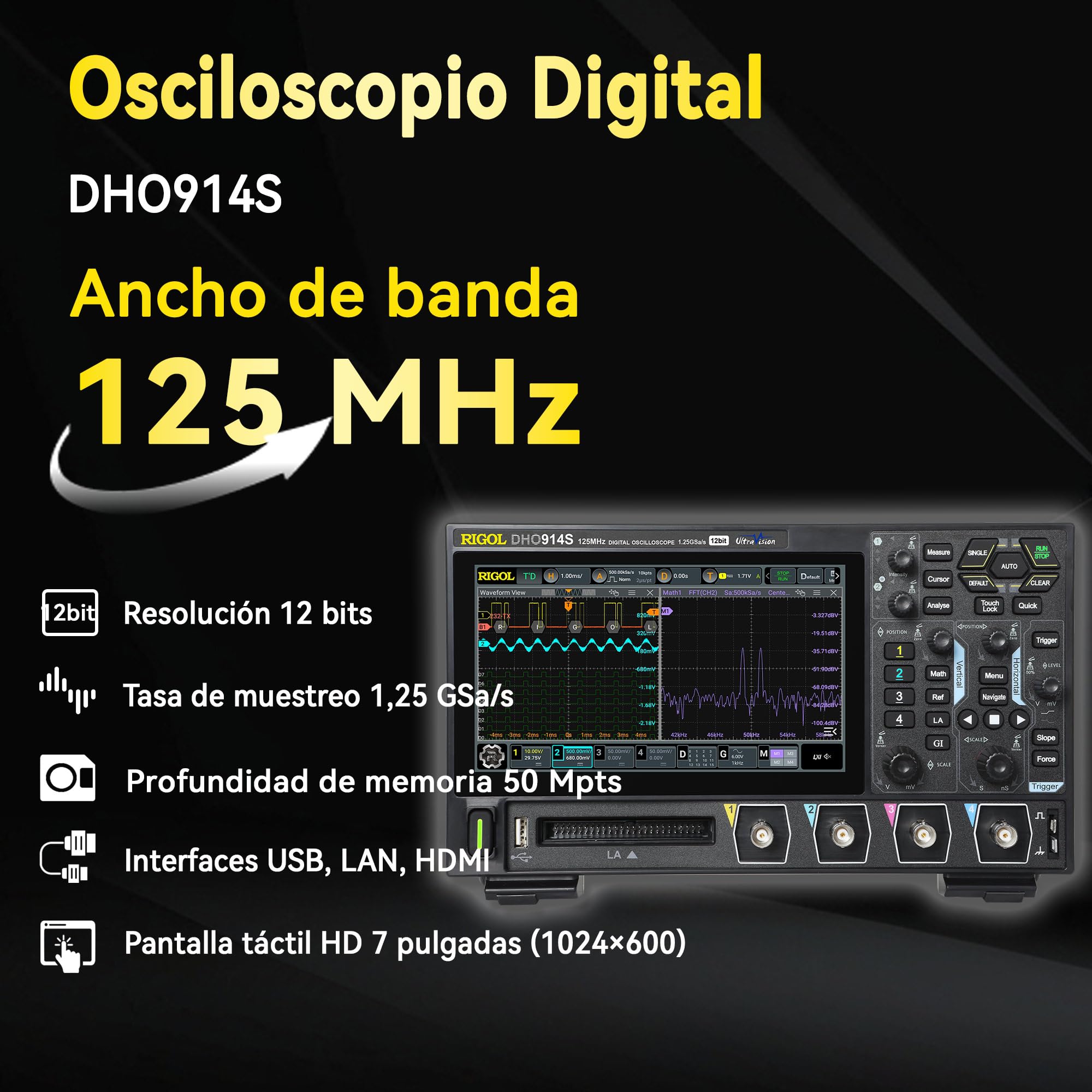 RIGOL Osciloscopio,DHO914S Osciloscopio Digital Portatil,125MHz,4A+16D canales,Resolución 12 bits,Pantalla táctil HD 7",Generador de señales integrado,Para pruebas en campo y enseñanza en laboratorio