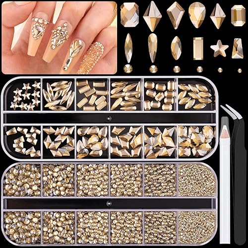 3220 diamantes de imitación de cristal dorado champán para uñas, 120 piezas de gemas de espalda plana multiformas + 3100 cuentas redondas de 0.069 a