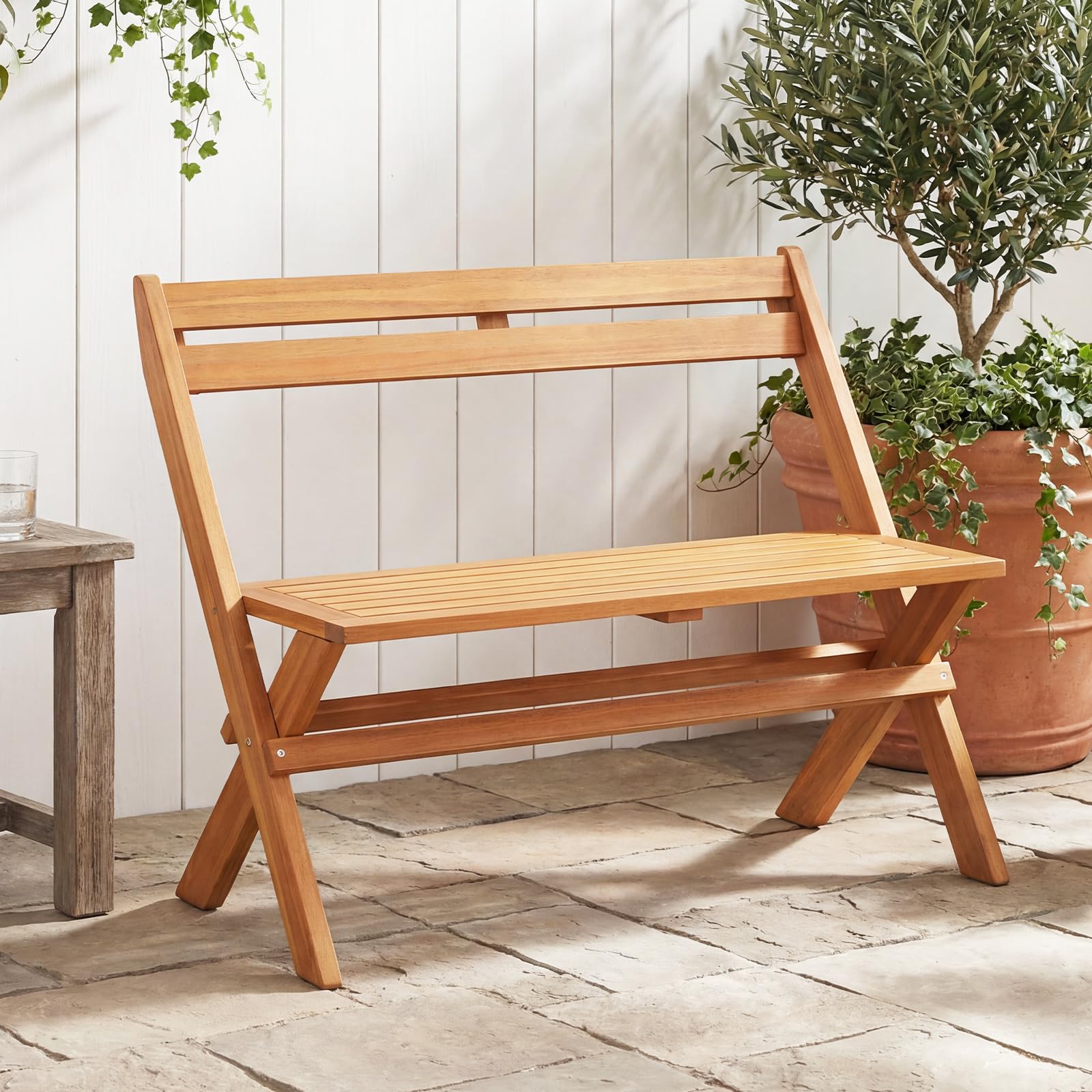 KOMFOTTEU Banco Plegable para 2 Personas, Madera de Acacia, Carga 360 kg | Asiento Exterior para Jardín, Porche, Balcón, Parque, 56 x 105 x 80 cm