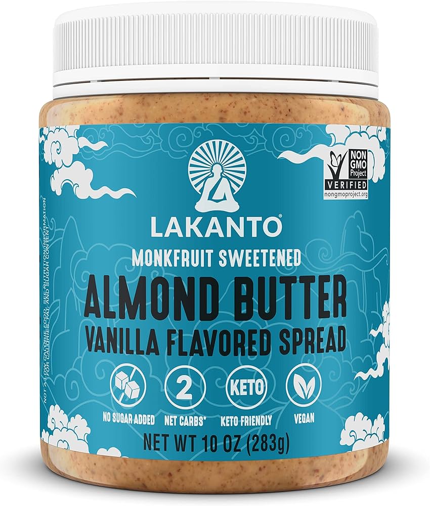 Lakanto Almond Butter Vanilla Flavored Spread - Sweetened with Monk Fruit  Sweetener, Keto Diet Friendly, Vegan, 2 Net Carbs, Non GMO, Sandwiches