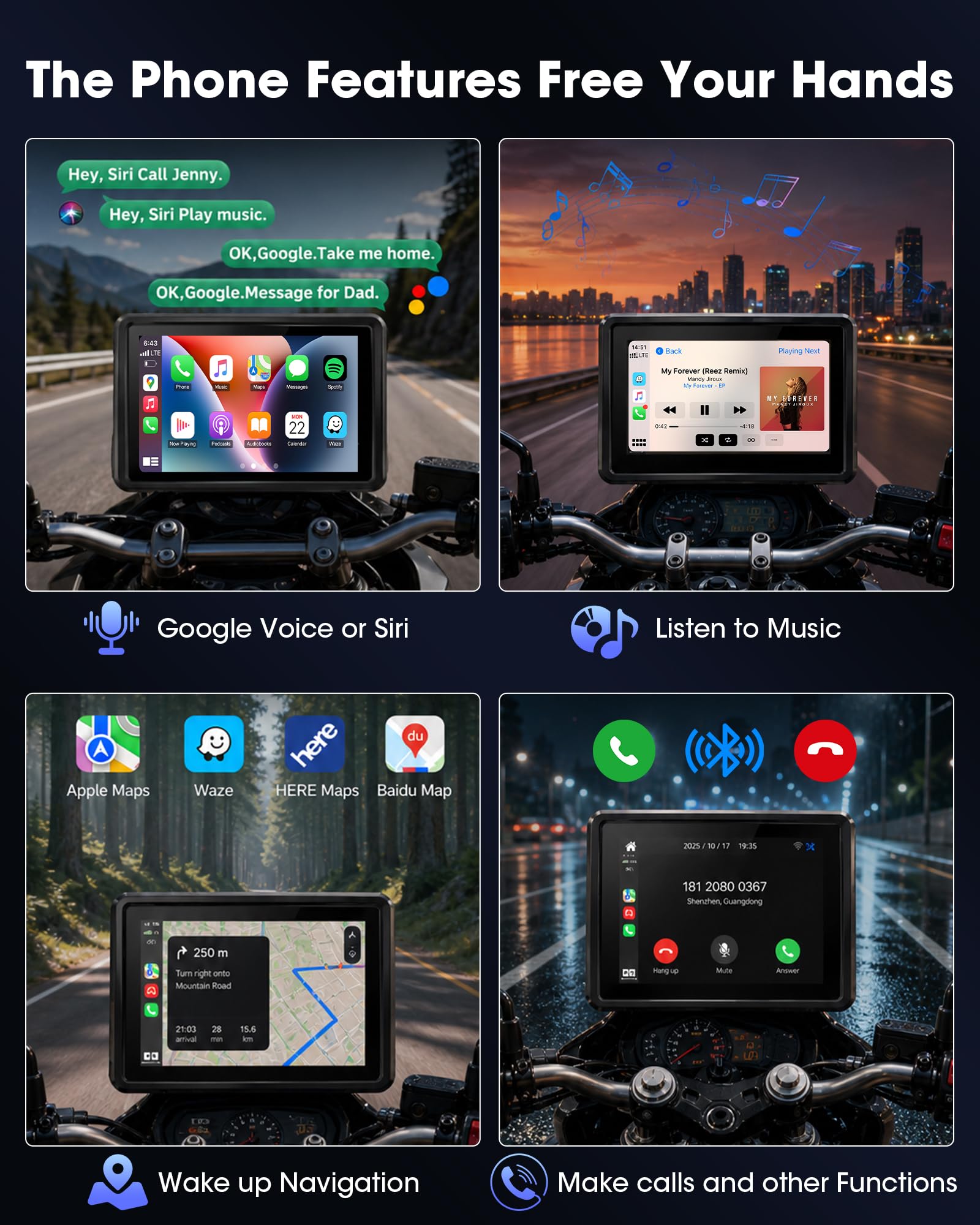 100% Universell Motorrad Carplay mit Netzteilhalterung Motorrad Navigationsgeräte mit Motorrad Navi CarPlay & Android Auto Wasserdichter 5-Zoll-Motorrad-Touchscreen,Plug & Play,1000 nit