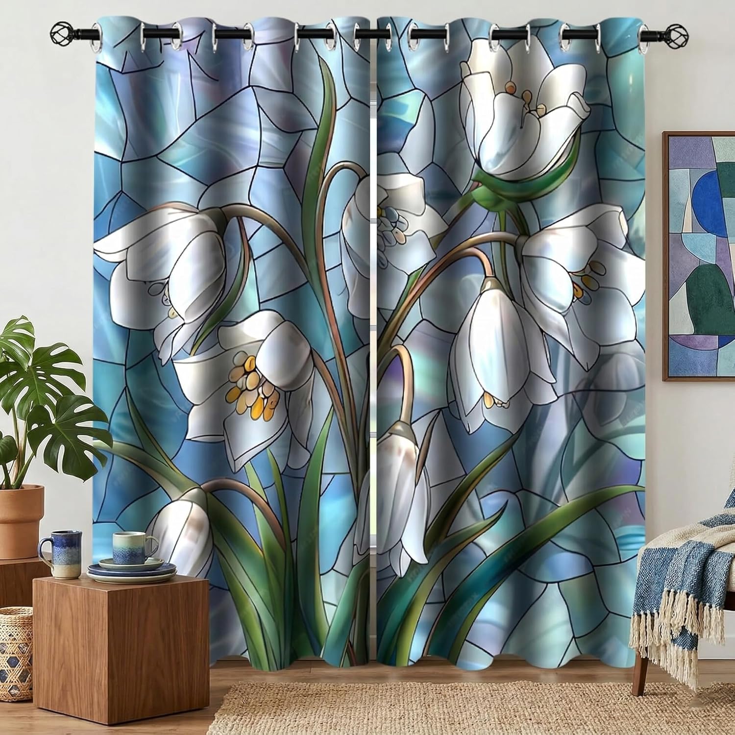 Moonslim Boho Blue Teal Floral Blackout Curtain, Flowers Leaves Modern Window Curtains Drapes, Thermal Insulated Darkening for Bedroom Living Room Decor 2 Panels 52x84 Inch