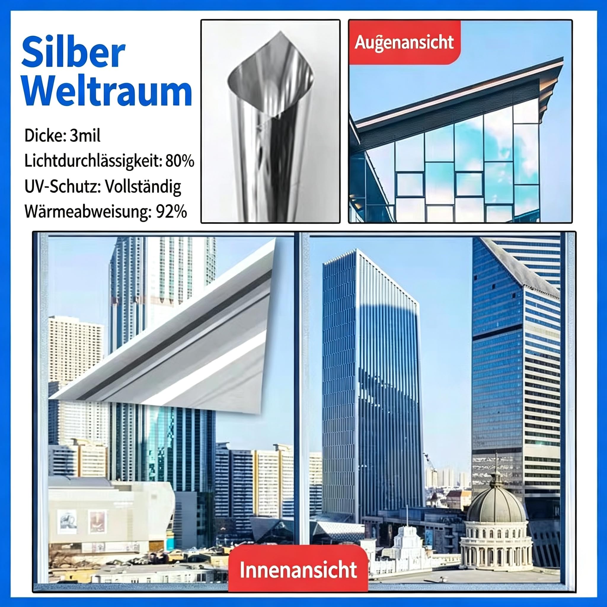 Lámina protectora para espejo para ventana, protección contra el calor, 40 x 200 cm, protección UV, protección contra el calor, autoadhesiva, para ventana interior, lámina para ventanas, opaca por un