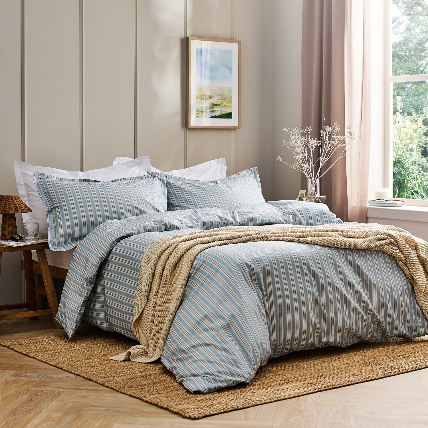 Christy Calder Stripe Super King Duvet Set | 100% Cotton | Cool Crisp Cotton Percale Bedding | Heritage Inspired Varietaged Stripes Design | Blue and Brown — image 1