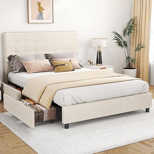 Base de cama tapizada tamaño Queen con 4 cajones de almacenamiento, cabecera capitonada con botones de diamante, marco de metal resistente, no