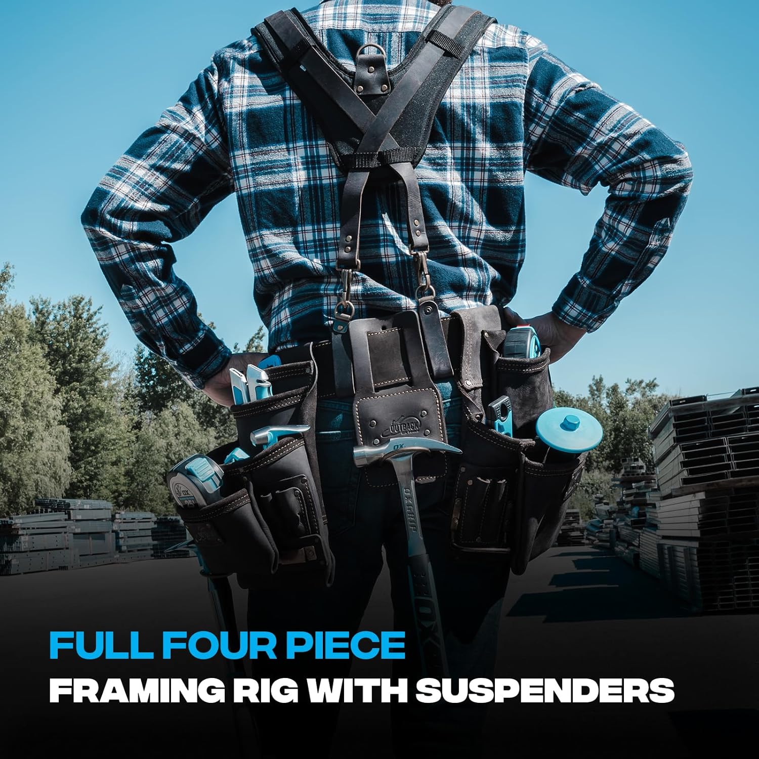 OX Pro Oil Tanned Leather Framing Rig with Padded Suspenders Leather Carpenter Tool Belt with Suspenders and Tool Pouches Dual Hammer Holsters OX-P263609