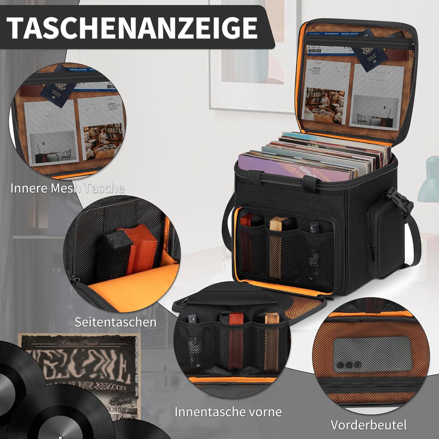 OUUTMEE Borsa per dischi in vinile - Custodia per dischi in vinile resistente all'acqua per album LP da 7/10/12 pollici, con capacità di 90-110 LP - Custodia LP con divisori rimovibili per