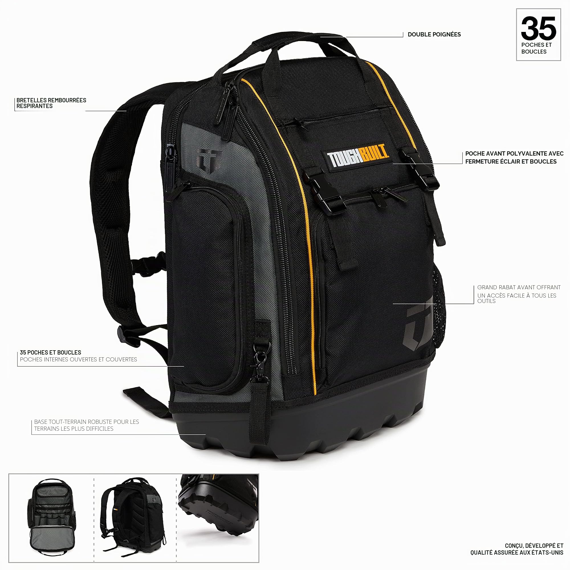 ToughBuilt - Sac à outils et sac à dos, convient aux ordinateurs portables de 13 à 17", grand rabat avant offrant un accès facile à tous les outils, base tout-terrain robuste, poches intérieures