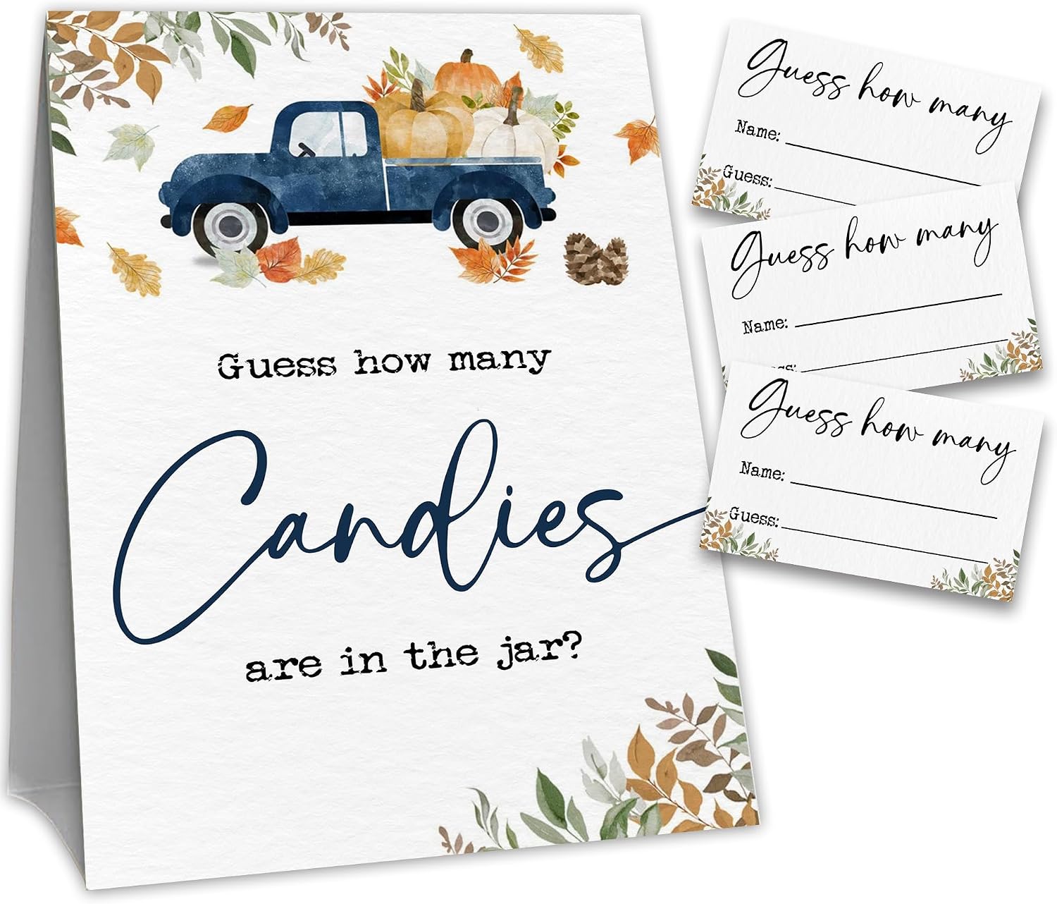 Fall Thanksgiving Guess How Many Candies Cards, Pumpkin Flowers Party Activity Cards for Baby Shower, Bridal Shower and Birthday Party, Candy Guessing Activity with 1 Sign & 50 Cards - A02