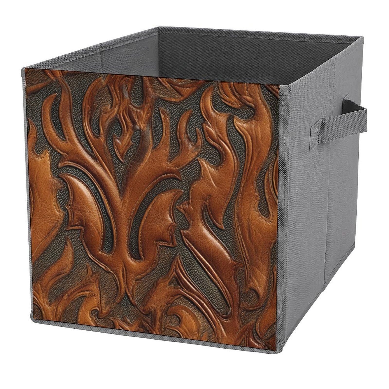 Jubonexis Western Leather in Brown Cube Storage Bins Storage Cubes Foldable Decorative Fabric Storage Baskets Home Organizers with Handles for Shelves,Closet, 27x27 CM