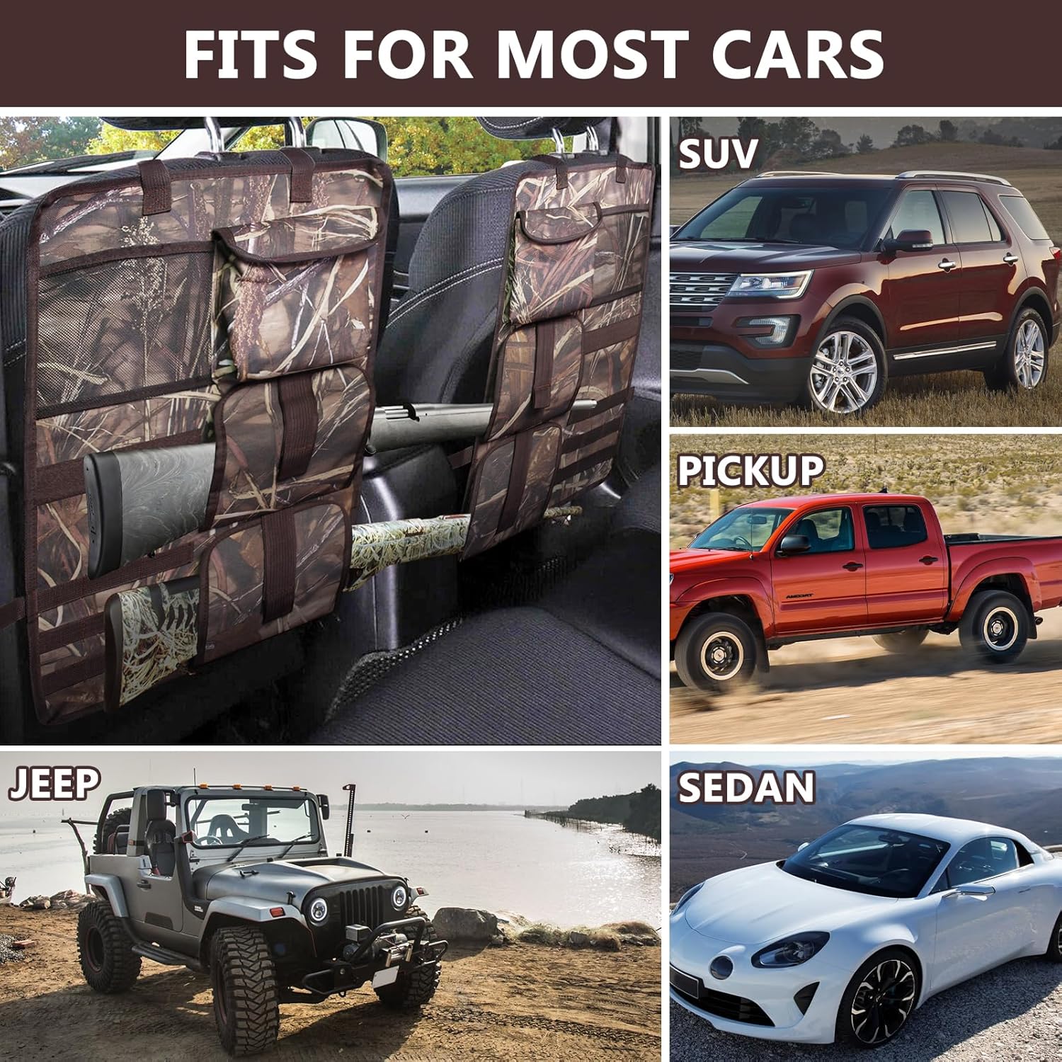2 Pack Tactical Seat Back Gun Racks, Truck Gun Rack for Hunting Gear, Camo Gun Holder for Car with Molle Panel, Automotive Gun Racks for Hunting Rifles/Shotguns, Hunting Gift for Men