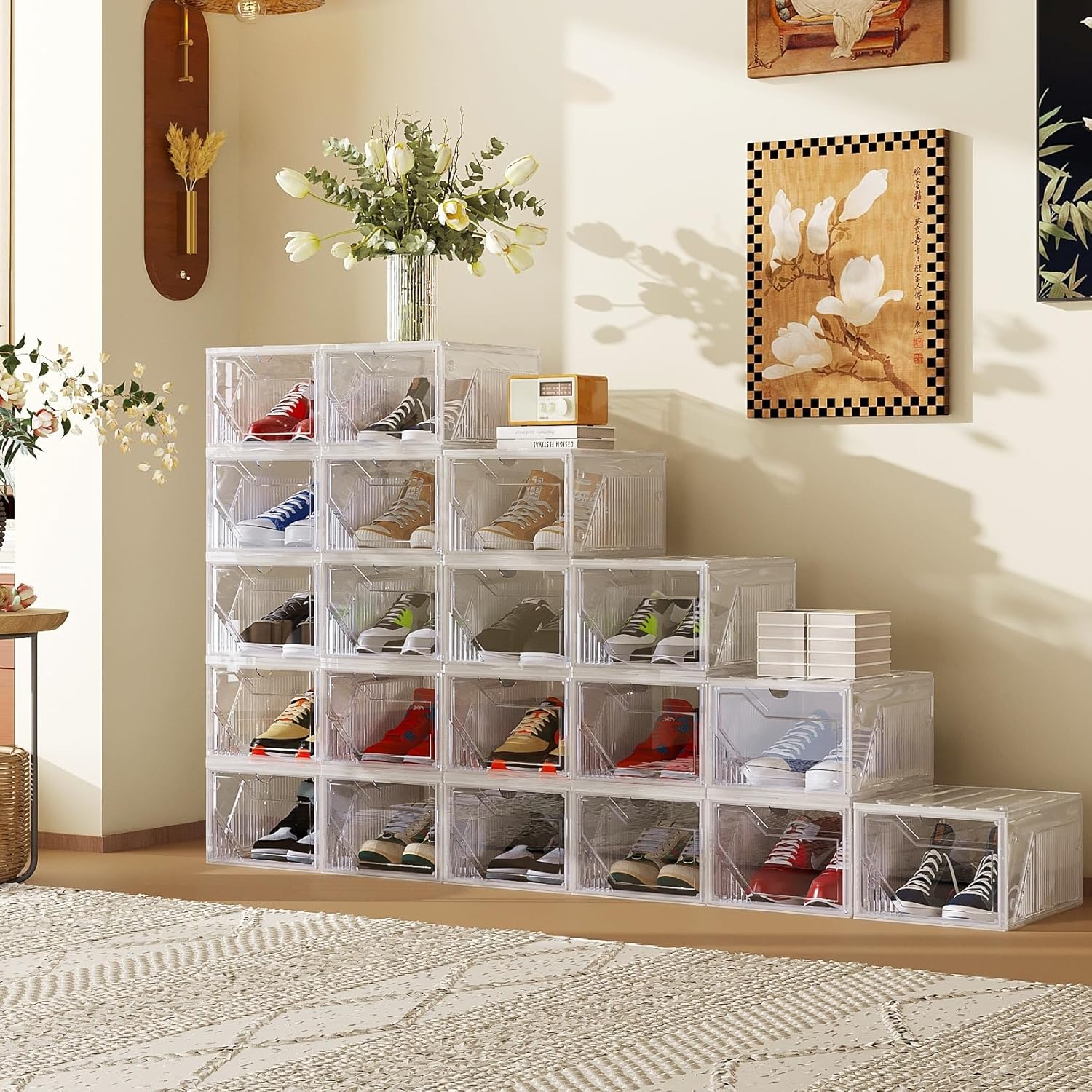 AWTATOS Shoe Storage Boxes, Thickened Shoe Storage Organizer with Clear Magnetic Door, Stackable Shoe Container with Lids, Collapsible Large Shoe Rack, Fit up to US Size 15, 6 Pack