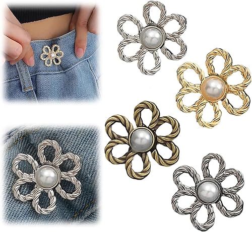 Conjunto de 4 unidades de pantalones de mezclilla de flores, no requiere costura, botones de ajuste de cintura para ajustar la cintura, extensor de