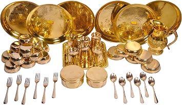 SHIV SHAKTI ARTS Pure Brass Solid Dinner Set 46 Piece Set | Dinner Set Khomcha | Hammer Design L | Brass Dinnerware Set, For Gifting Diwali Special Gold