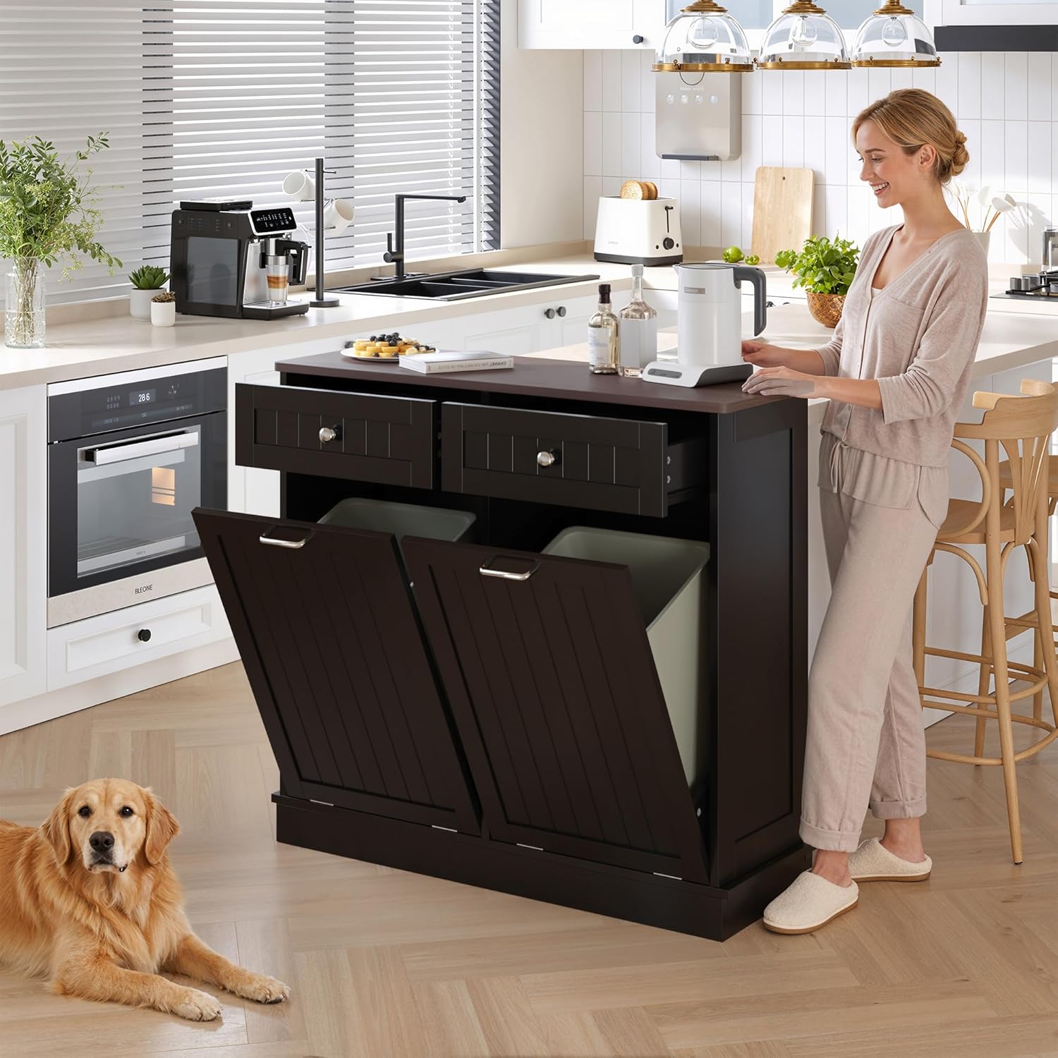KIGOTY Double Tilt Out Trash Cabinet - 20 Gallon Hidden Trash Storage Cabinet with 2 Drawers, Pet Proof & Anti-Tip, Freestanding for Kitchen, Laundry,Black