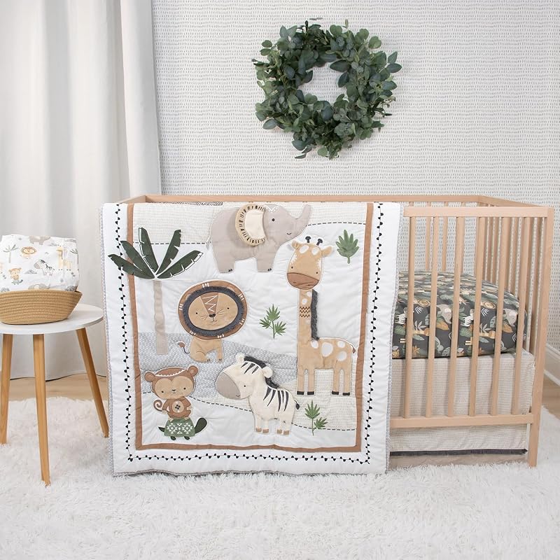 Juego de ropa de cama para cuna de bebé de 4 piezas de algodón orgánico para niños y niñas, juego de cama para recién nacidos, bebés y niños pequeños, decoración con dos sábanas para cuna, edredón con volantes antipolvo, Safari Serenity