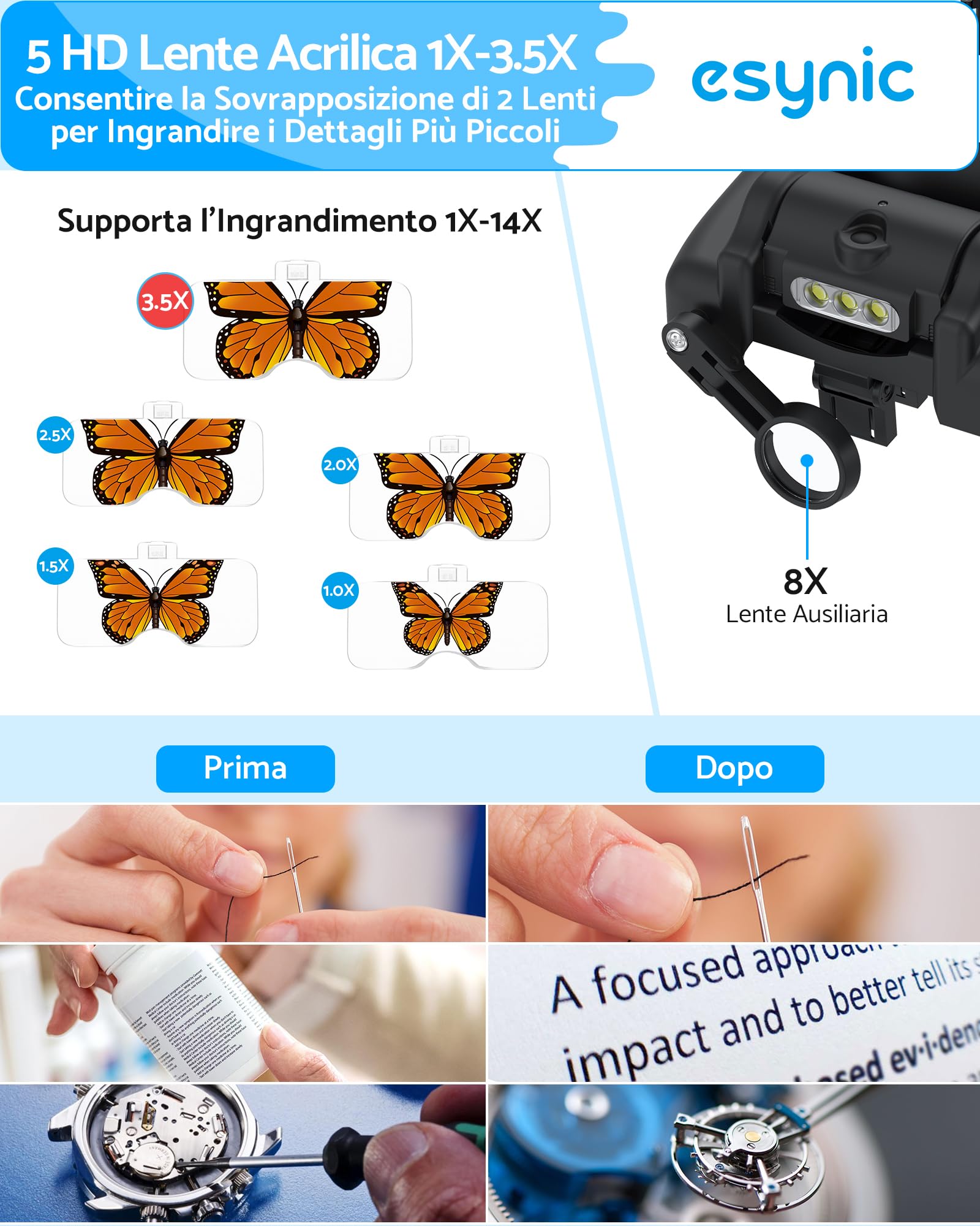 eSynic 1-14X Lente di Ingrandimento Frontale a LED Luce Regolabile con 5 Lenti 1.0x 1.5x 2.0x 2.5x 3.5x Lente d'Ingrandimento ad Archetto Ricaricabile da Type-C per Orologiaio Riparazione DIY - Nero