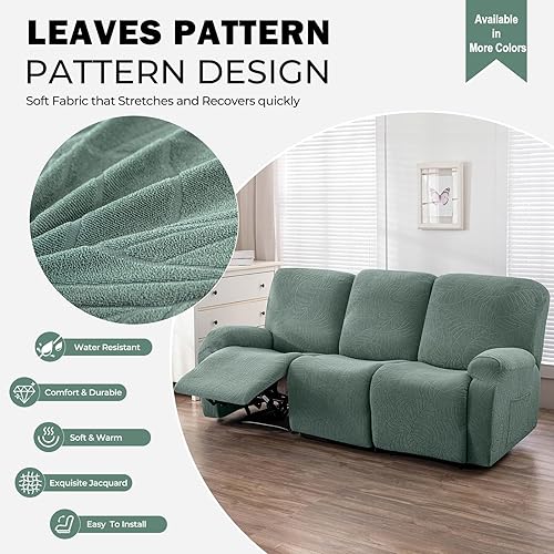 Miniatura 2 de vctops Fundas repelentes al agua para sofá reclinable de 8 piezas, diseño de hojas jacquard, elásticas, suaves para sofá reclinable de 3 cojines,