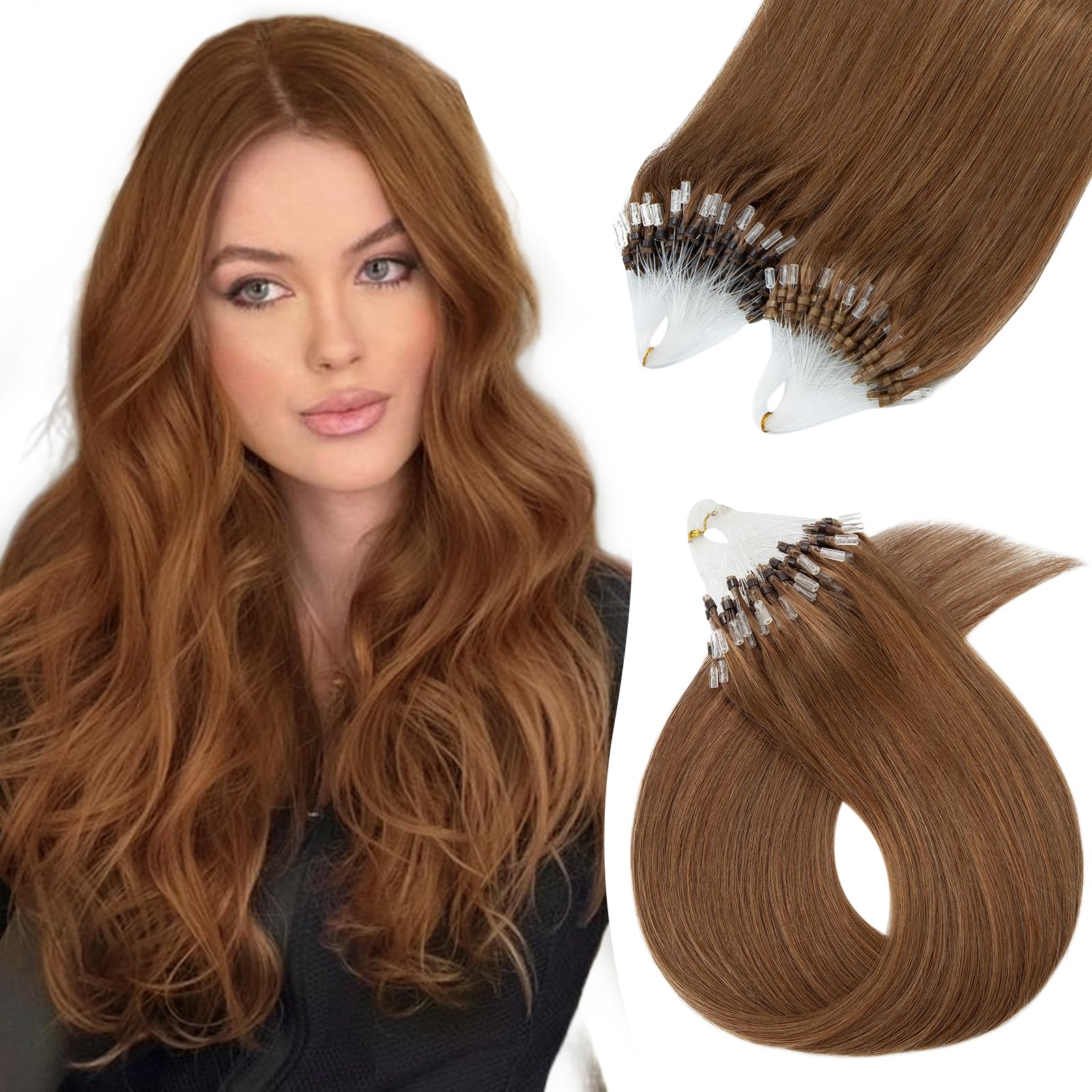 Silk-co Microring Extension Capelli Veri Anelli 100 Ciocche 40cm 50g Remy Micro Loop Hair Extension Marrone Chiaro