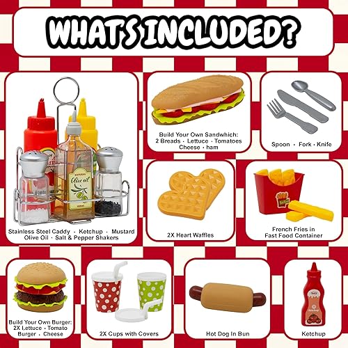 Miniatura 3 de Kiddie Play Juegos de comida para la cocina de los niños, juego de comida rápida y condimentos con hamburguesa, perrito caliente, papas fritas