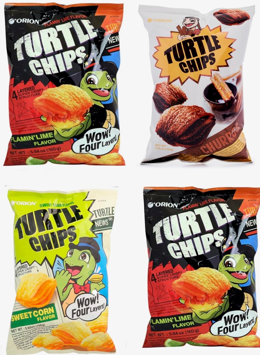 [Combo of 4 Big Packs] Orion Turtle Chips, Choco Churros/Sweet Corn/Flamin Lime Flavor (2), Super Crunch, 5.64 oz