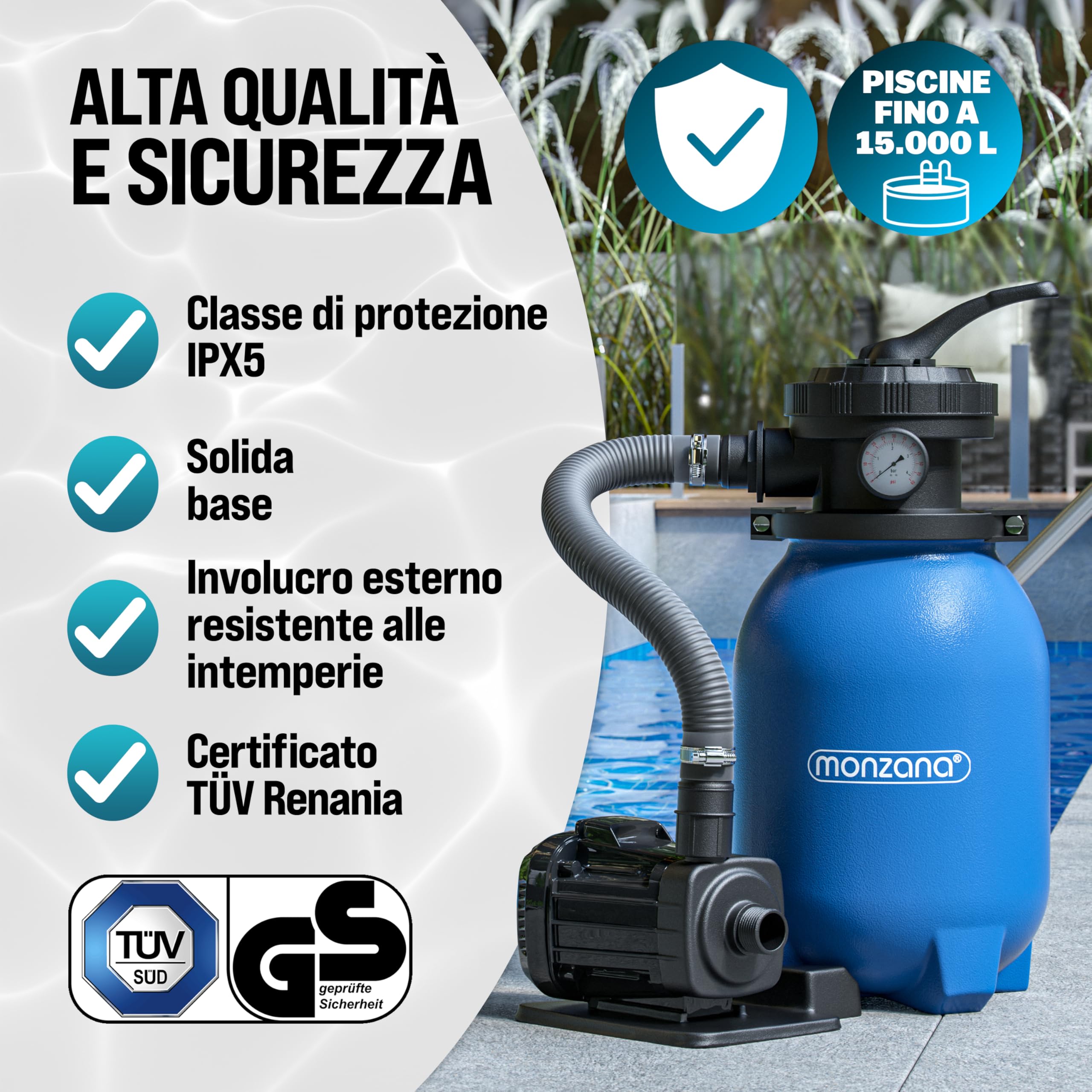 MONZANA® Filtro per Piscina MZPP180 5000 l/h fino a 15.000L incl. Palline Filtranti Valvola 7 Vie Adattatore 2in1 Ø32-38mm 180W Filtraggio per Piscina