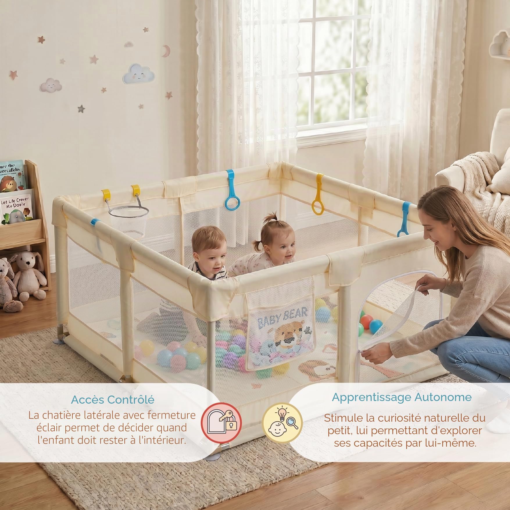 Buddy Baby Park - Parc Enfant Bébé 120x120cm + Tapis + Poignées + Panier + Boules – Parc de Jeu Bébé avec Maille Respirante – Parc de Jeux Bébé Pliable avec Porte Latérale (Vanille)