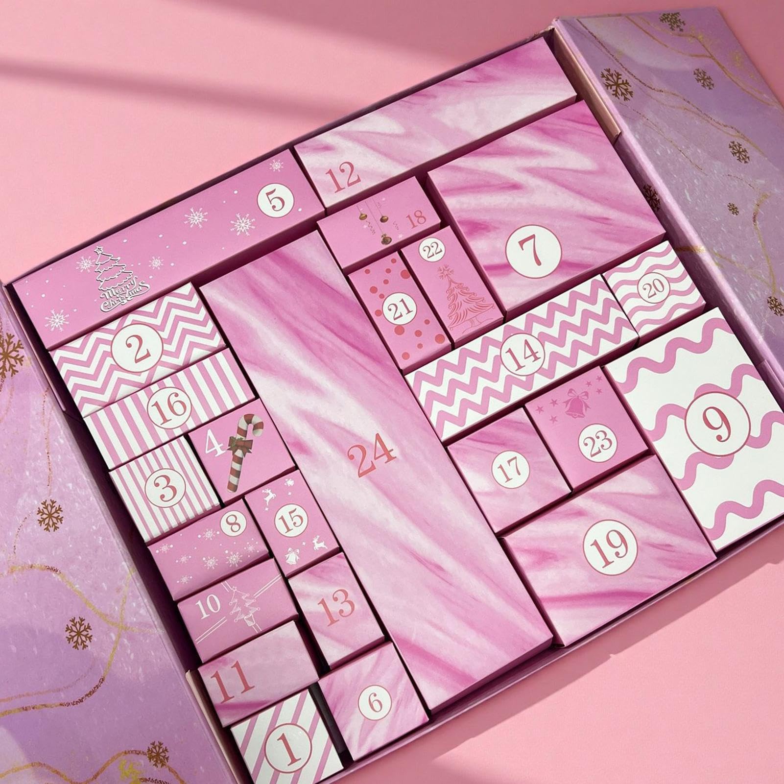 Scatola Calendario 'Avvento Rosa 24 Scomparti Riutilizzabile Natale | Calendario Scatola Caramelle Riempibile Per Bambini Per Bambini Adulti Regali Per Calze Natalizie Compleanno
