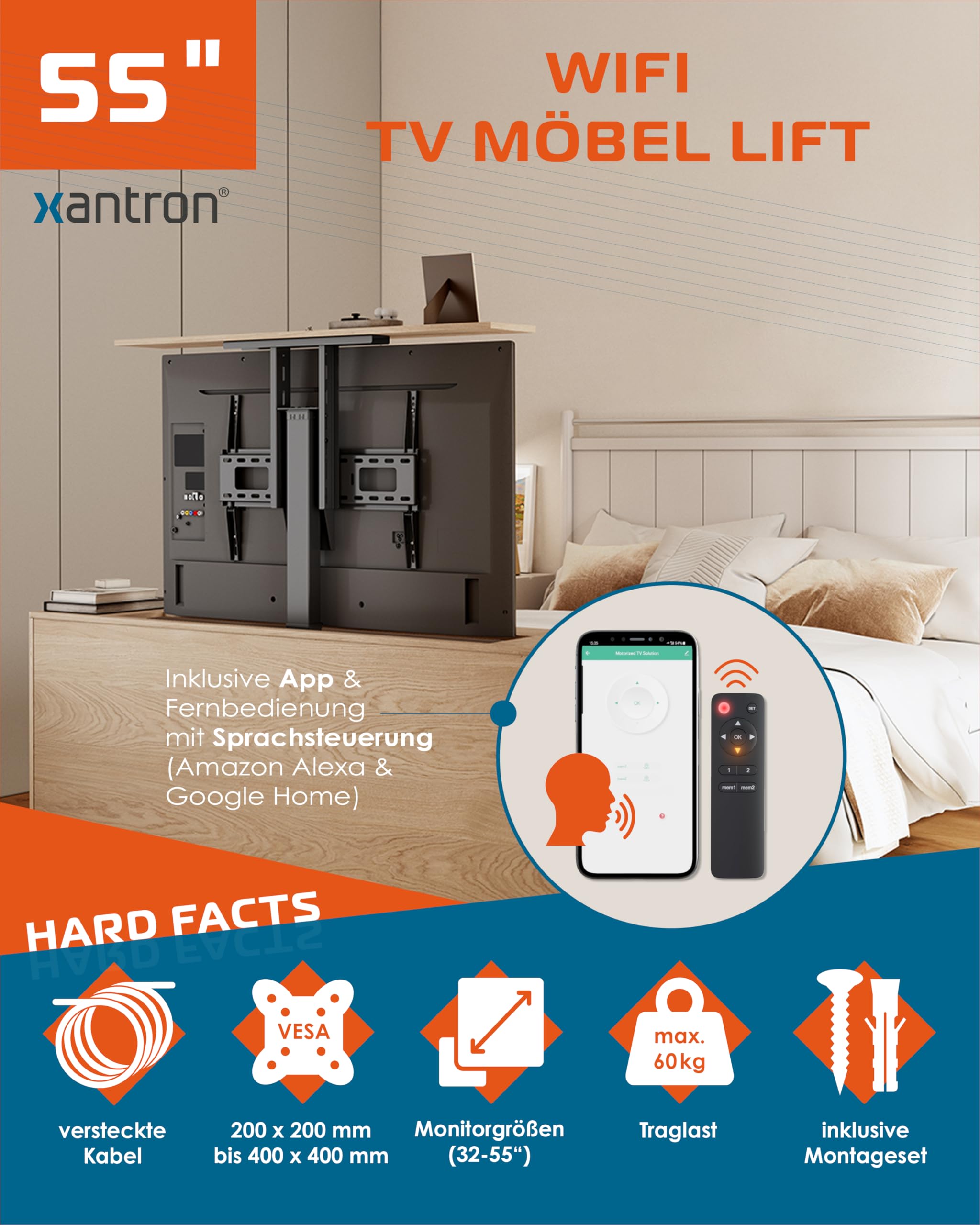 Xantron TV Lift elektryczny PREMIUM-400HE-T podnośnik telewizyjny z regulacją wysokości ze sterowaniem za pomocą aplikacji i głosu do telewizorów 32-55" – kompatybilny z VESA – uchwyt do telewizora