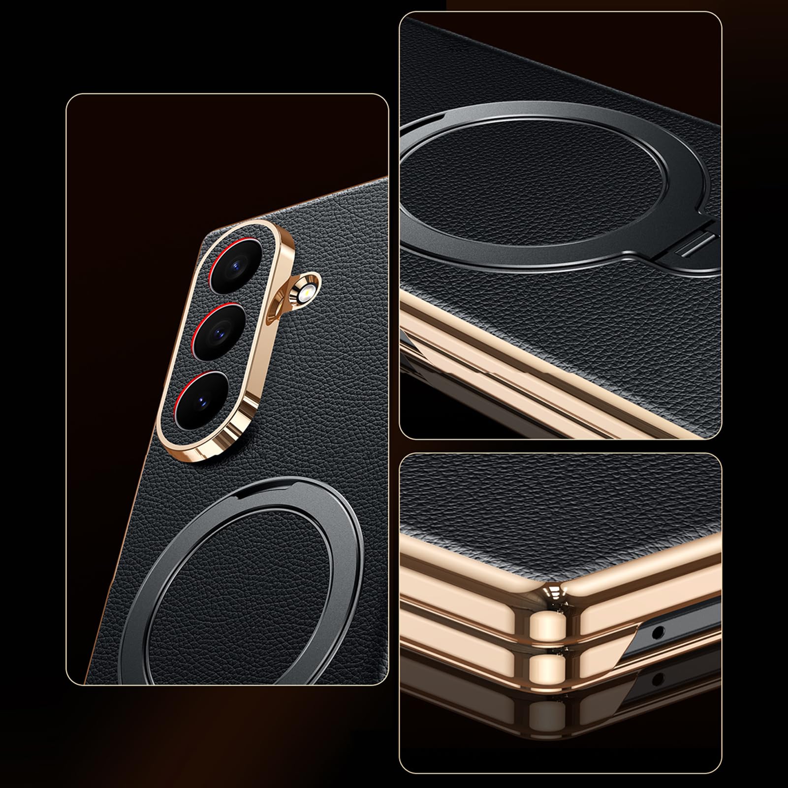 Per Samsung Galaxy Z Fold 8 Ultra Custodia Pelle, Anello, Bordo Oro | Folio a libro di lusso fatto a mano con anello. Stand regolabile, protezione lente totale, cover leggera(Brown)