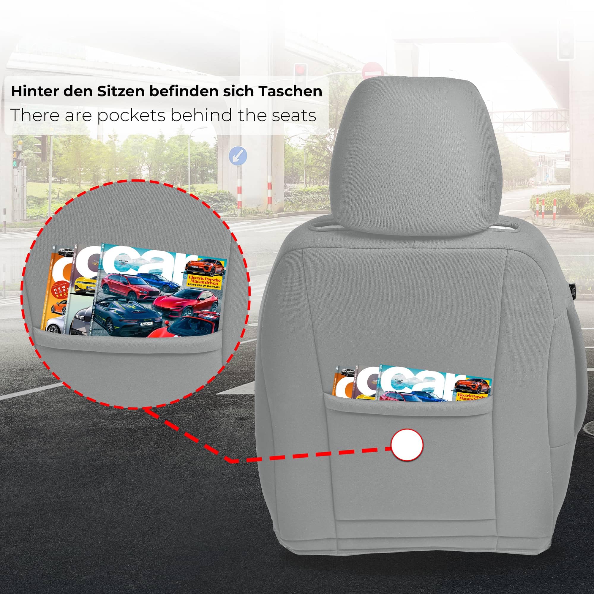 Autositzbezüge Universal für PKW, SUV – Premium Vordersitzbezüge Grau, hochwertig verarbeitet für mehr Sitzkomfort, Airbag-kompatibel, Schonbezüge für Fahrer & Beifahrersitz mit Rückentasche