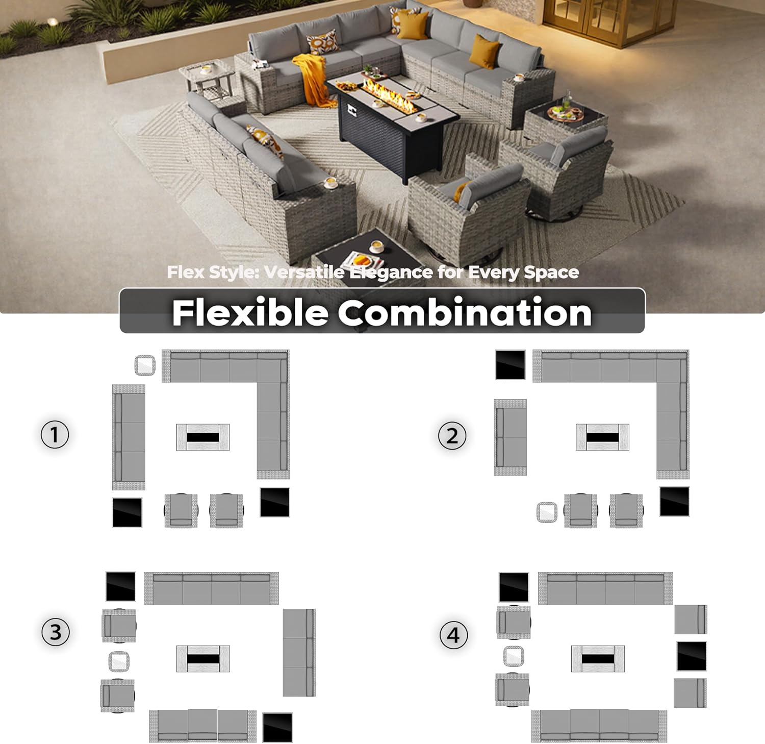 ovios 16 Pieces Patio Furniture Set, Outdoor Wicker Sectional Sofa with 54" Fire Pit Table Swivel Chairs, Modern Modular Deep Seat Rattan Couch Conversation Sets, Dark Grey