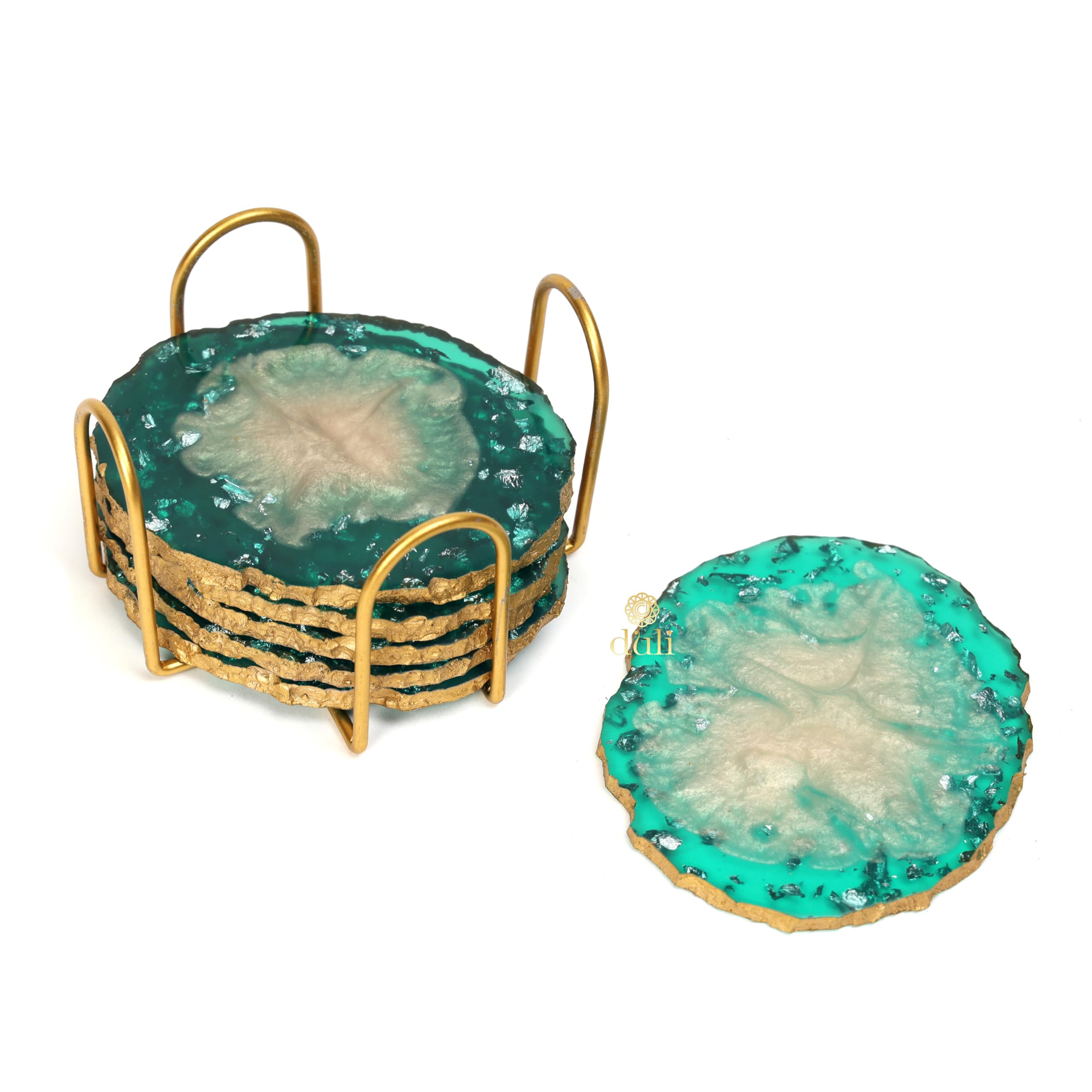 DULI Resin Coasters Set of 6 with Stand - Bar Wine Coasters for Table - Set of 6 Classy Yet Stylist Handmade Marble Stone Coaster Set with Holder (ResinCoasterW/G-Stand:GreenMetallicFlake) 1