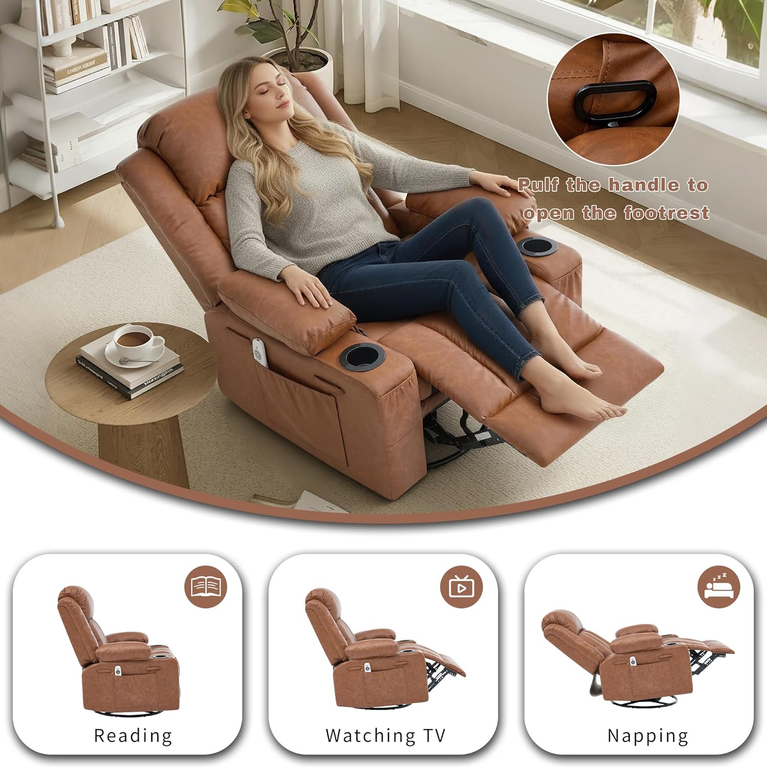 Rocker Recliner Chair with Heat and Massage,360°Swivel Recliner Chair for Adults Elderly,Oversized Recliner Single Sofa Seat with 2 Cup Holders and Side Pocket (Brown)