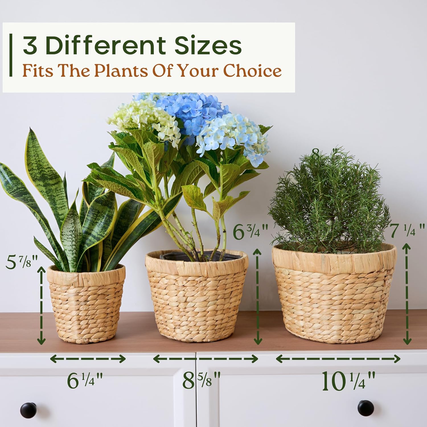 Indoor Water Hyacinth Plant Basket Set of 3, Woven Planter Baskets with Plastic Liner for Plants, Handwoven Plant Pots Decorative Wicker Planters for Home Décor (Saucer NOT Included)